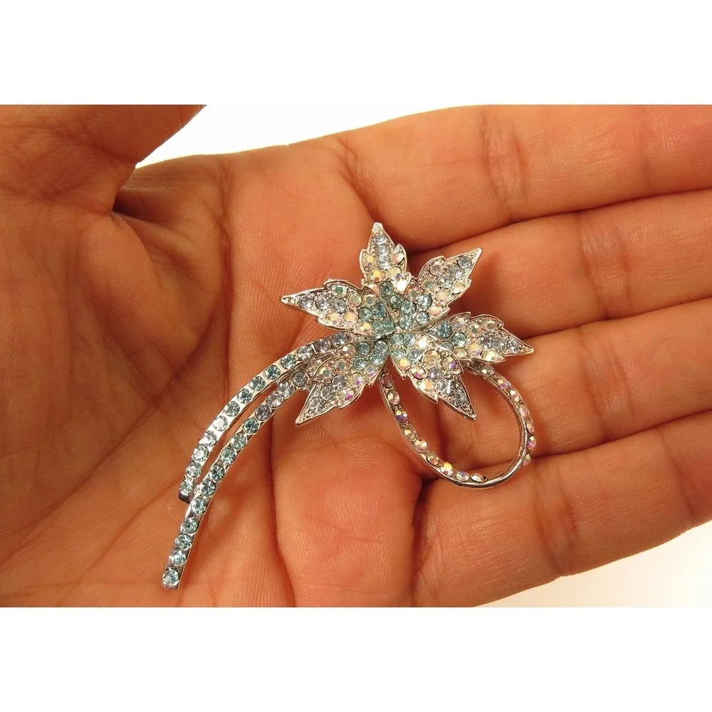 Blue &‎ Aurora Borealis Rhinestone Brilliant Silver Plated Blue Sparkly Brooch